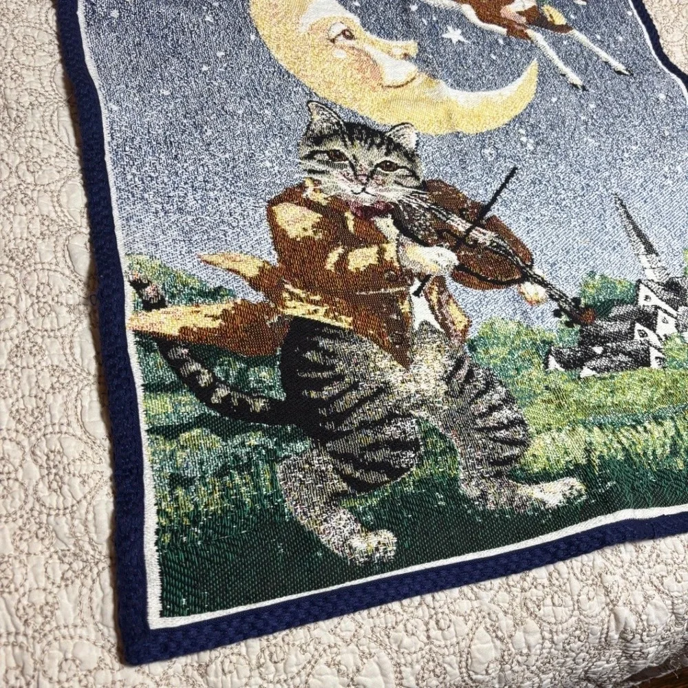 Vintage The Rug Barn Cow Jumped Over the Moon Tapestry Wall Hanging 90s Folk Art